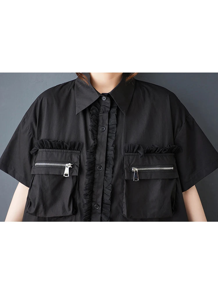 XITAO Zipper Pocket Patchwork Gauze Dress Contrast Color Turn-down Collar Short Sleeve Temperament Female Shirt Dress ZMY1354