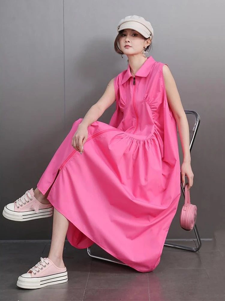 XITAO Fold Zipper Sleeveless Turn-down Collar Dress Solid Color Patchwork Pocket Loose Casual Slimming All Match Dress HQQ2445