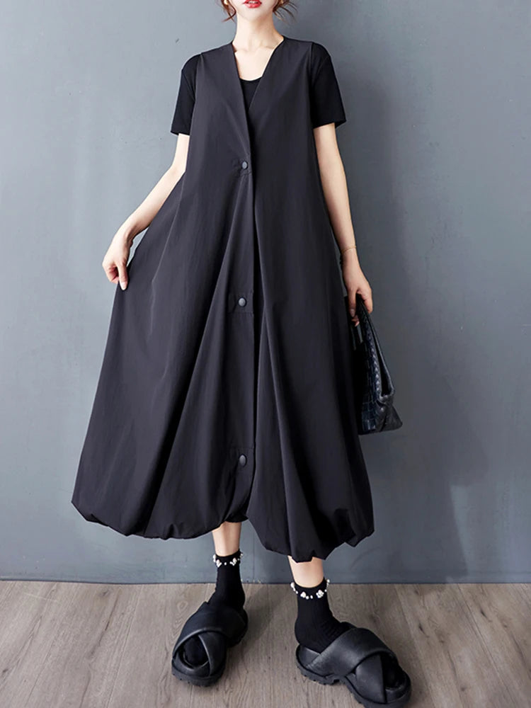 XITAO Bud Single Breasted V-neck Sleeveless Dress Casual Solid Color A-line Mid-calf New Leisure Summer Women Dress GYX1558