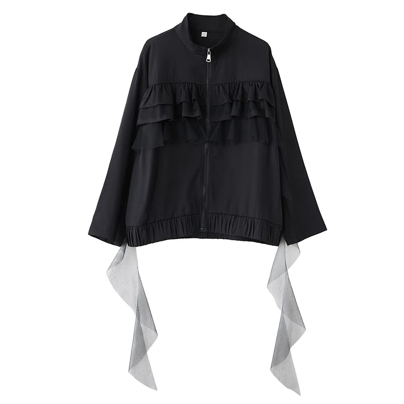 XITAO Gauze Contrast Color Ruffles Zipper Jacket Stand Collar Patchwork Loose Long Sleeve Temperament Casual Coat GYX1510