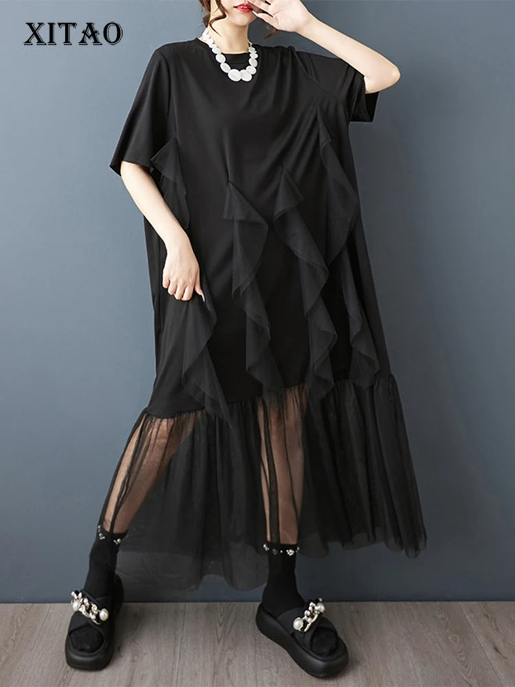 XITAO Gauze Patchwork Asymmetrical Dress Solid Color Pullover O-neck Short Sleeve A-line Slimming All Match Casual Dress ZMY1355