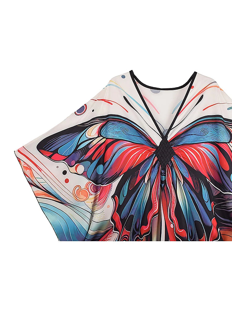 XITAO Butterfly Print V-neck Dress Bat Wing Sleeve Pullovers Side Slit Casual Vintage Ankle-length Summer Woman Dress GJ1168