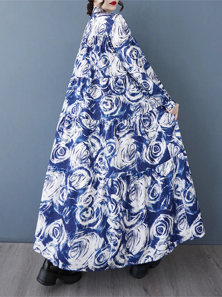 XITAO Contrast Color Print Patchwork Stand Collar Dress Long Sleeve Pullover Loose Mid-calf Casual Slimming Dress HQQ2469