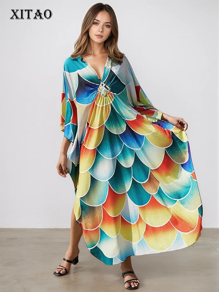 XITAO Side Slit Bat Wing Sleeve Dress Print V-neck Pullover A-line Personality Loose Summer Woman Ankle-length Dress GJ1192