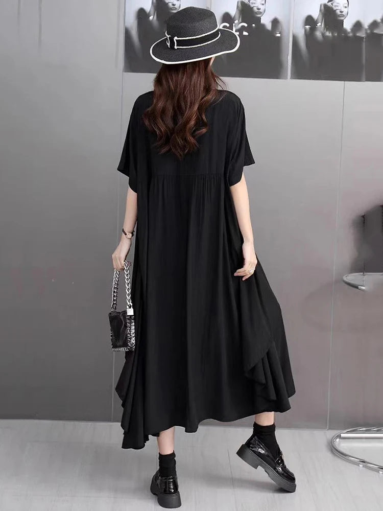 XITAO Irregular O-neck Loose Dress Solid Color Short Sleeve Patchwork Simple Casual Elegant All-match Summer Woman Dress ZMY1381
