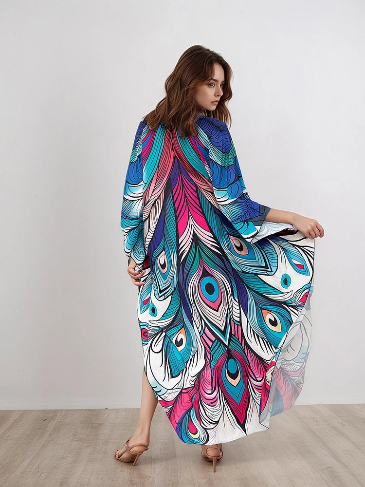 XITAO Summer Beach Style Women Dress Casual Loose V-neck Pullover Three Quarter Sleeve Female Thin Print Fashion Dress GJ1213