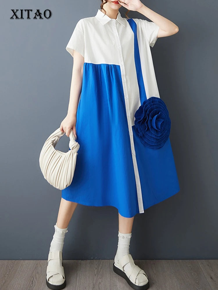 XITAO Patchwork Contrast Color Women Dress Casual Turn-down Collar Sweet Short Sleeve Temperament Summer Female Dress ZMY1361