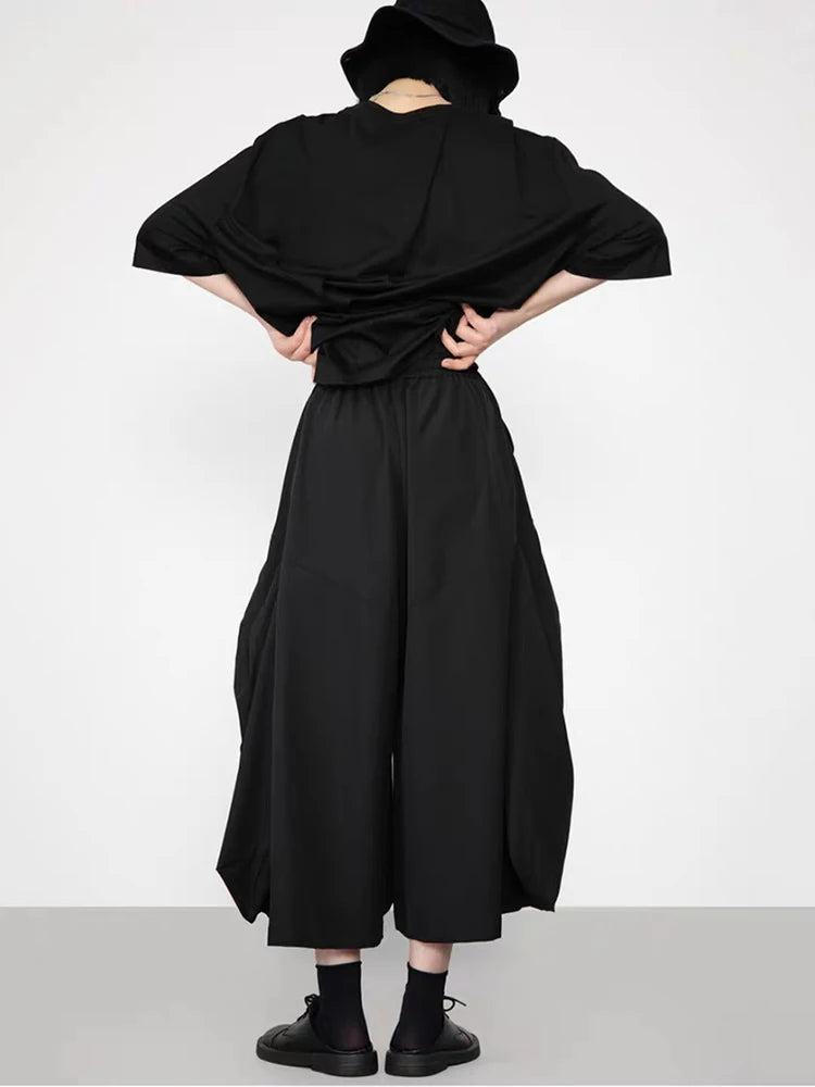 XITAO Solid Color Pleated Elastic Waist Pants Pocket Patchwork All Match Slimming Casual Fashion Loose Ankle-length Pants ZY8944