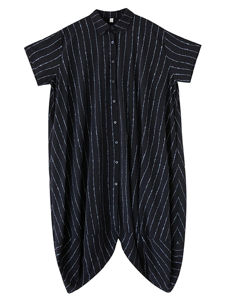 XITAO Loose Irregular Striped Dress Casual Short Sleeve Single Breasted Women Summer Turn-down Collar Shirt Dress ZMY1171