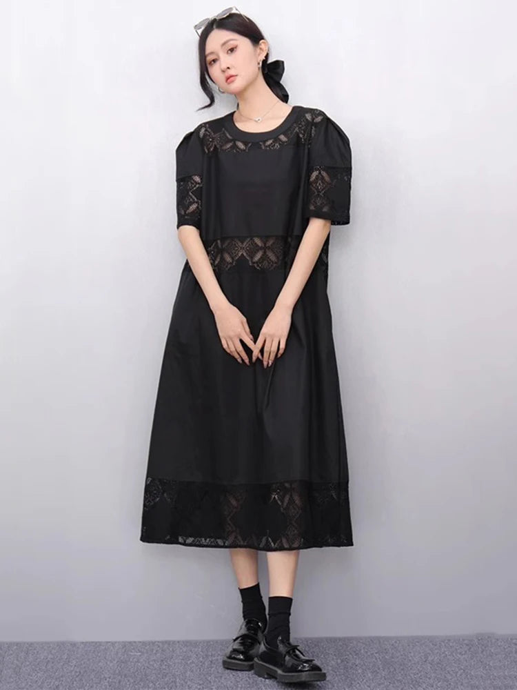 XITAO Hollow Out Patchwork Dress Loose Solid Color Elegant A-line Women Summer Temperament O-neck Short Sleeve Dress ZMY1155