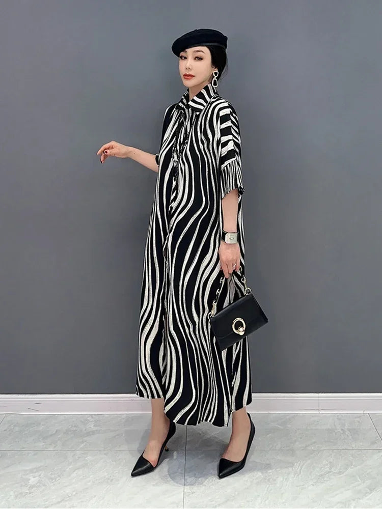 XITAO Striped Patchwork Single Breasted Dress Turn-down Collar Loose 2024 Summer New Arrival Casual Fashion All Match SMH1508