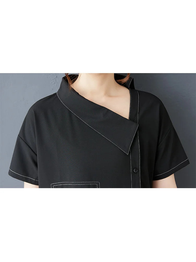 XITAO Solid Color Asymmetrical Vintage Dress Short Sleeve Single Breasted Personality Loose Slimming Summer Woman Dress ZMY1316
