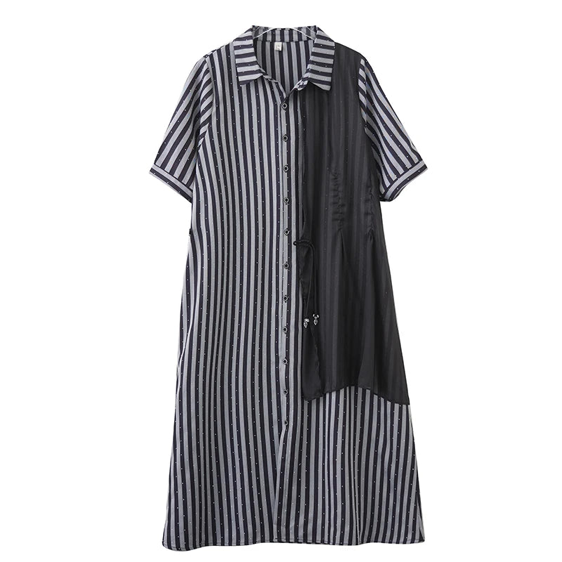 XITAO Striped Sequined Patchwork Female Dress Loose Turn-down Collar Asymmetrical Personality Summer Woman Shirt Dress ZMY1241