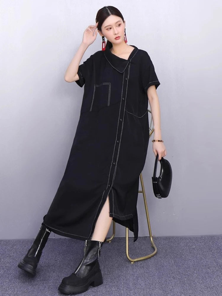XITAO Irregular Single Breasted Dress Short Sleeve Vintage Loose Casual A-line Slimming Solid Color Summer Woman Dress ZMY1377