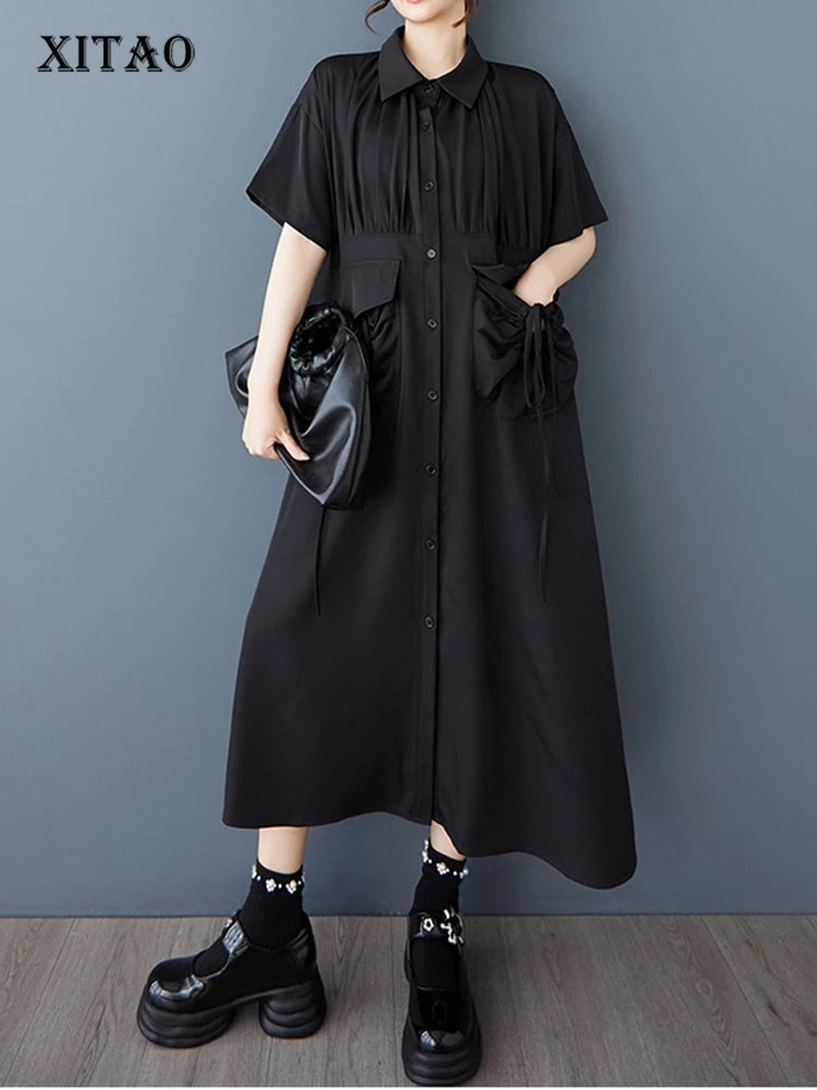XITAO Pleated Single Breasted Pocket Dress Casual Solid Color A-line New Fashion Short Sleeve Summer Female Dress ZMY1146
