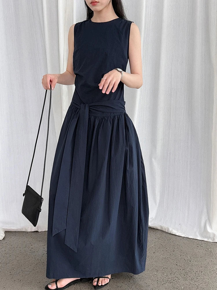 XITAO Drawstring Pleated Loose Dress O-neck Temperament Sleeveless Solid Color Simple Slim All-match Summer Woman Dress ZMY1289