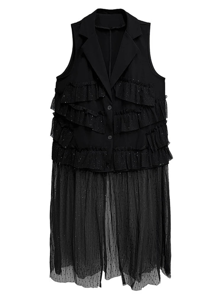 XITAO Pleated Mesh Patchwork V-neck Dress Loose Fitting Thin Single Breasted New Arrival Summer Women Dress ZMY1332