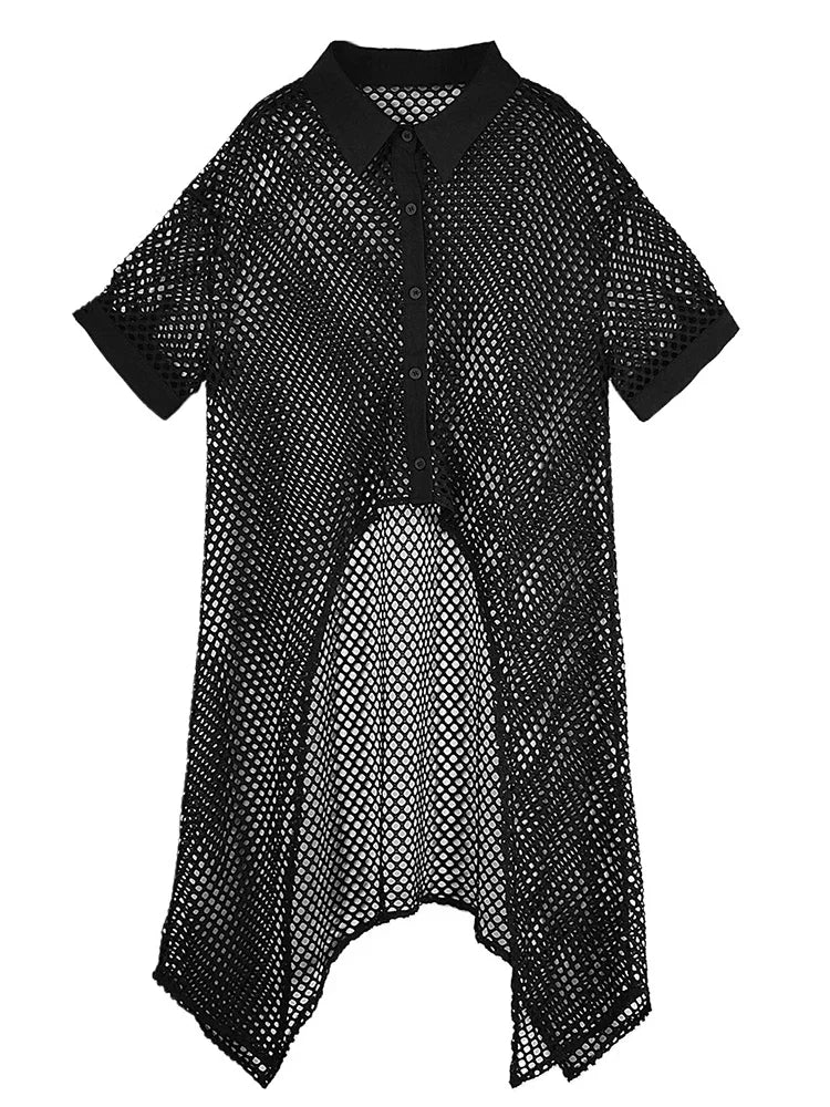 XITAO Hollow Out Mesh Irregular Short Sleeve Dress Loose Fitting Solid Color Single Breasted Lapel Summer Female Dress GYX1660