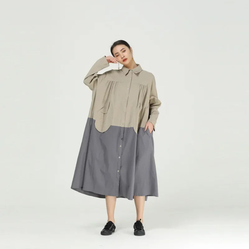 XITAO Patchwork Dress Fashion Pleated Hem Pocket Patchwork Spring Minority Elegant Casual Style Loose Dress ZY5866