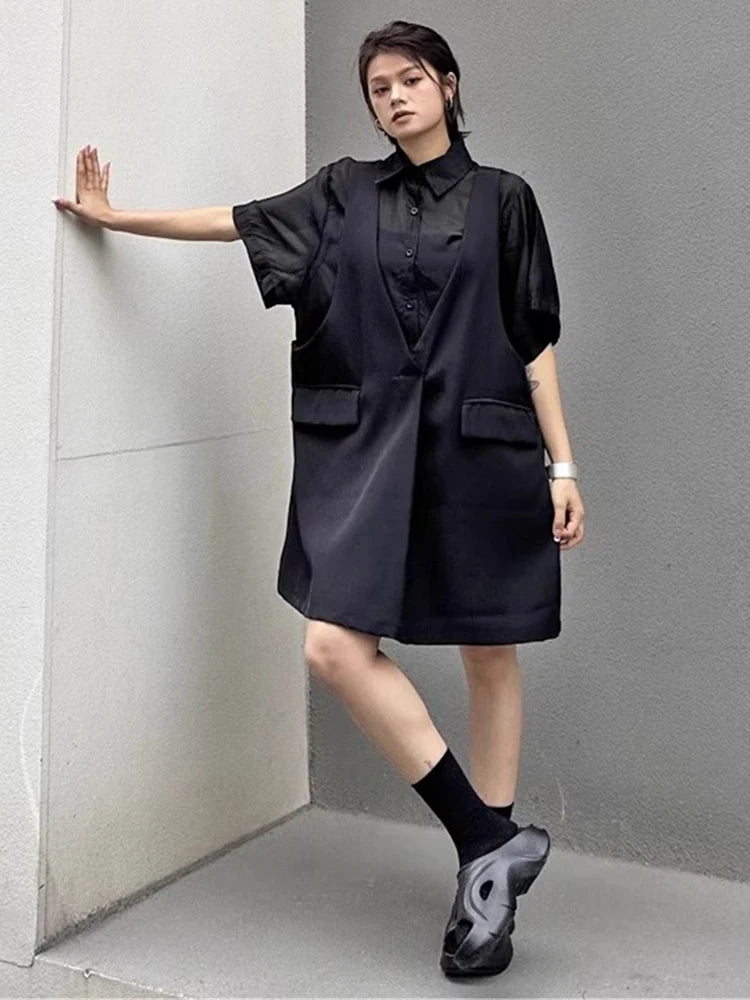 XITAO Pocket Patchwork Dress Solid Color Fake Two Pieces Single Breasted Short Sleeve Temperament Summer Woman Dress ZMY1309