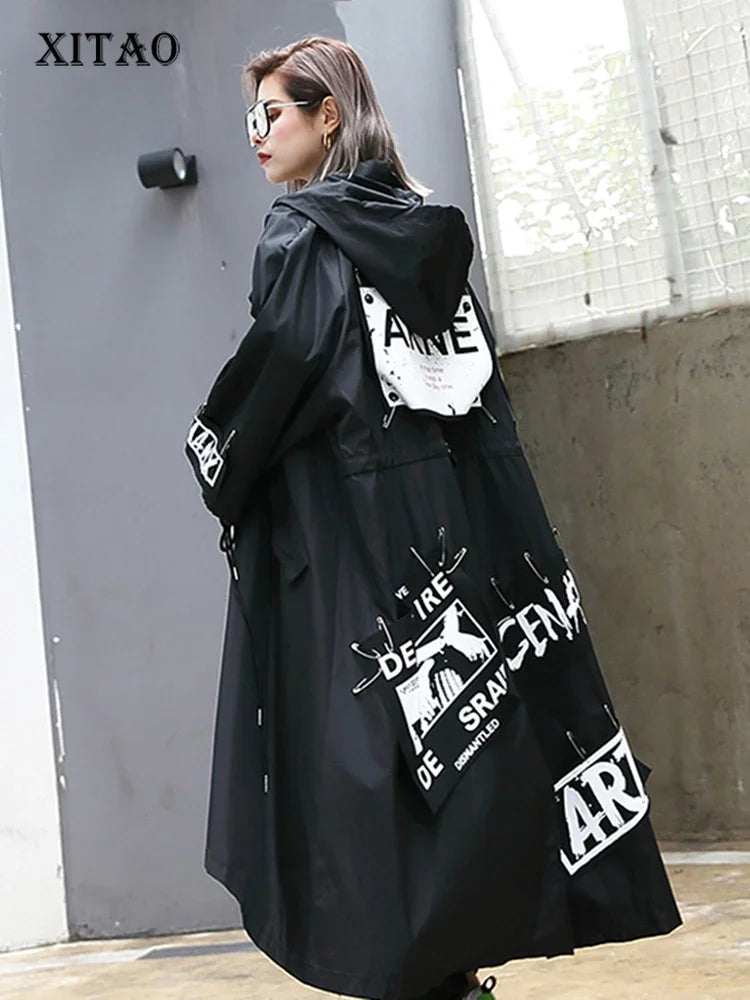 XITAO Spliced Black Trench For Women Tide Long Print Streetwear Hoodie Casual Female Wide Waisted Coat 2019 ZLL1100