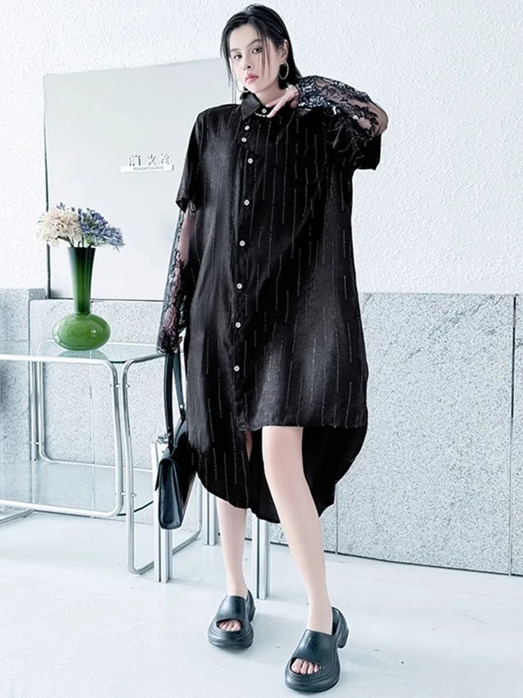 XITAO Asymmetrical Lace Patchwork Stripe Dress A-line Single Breasted Turn-down Collar Personality Spring Women Dress ZMY1345