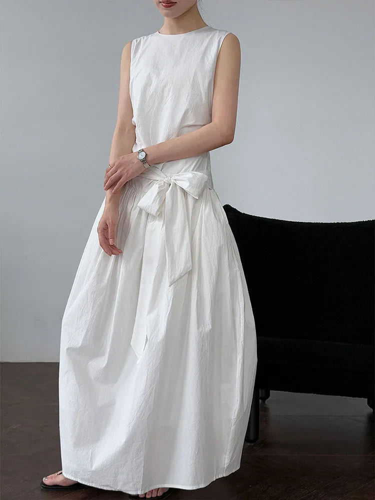 XITAO Drawstring Pleated Loose Dress O-neck Temperament Sleeveless Solid Color Simple Slim All-match Summer Woman Dress ZMY1289