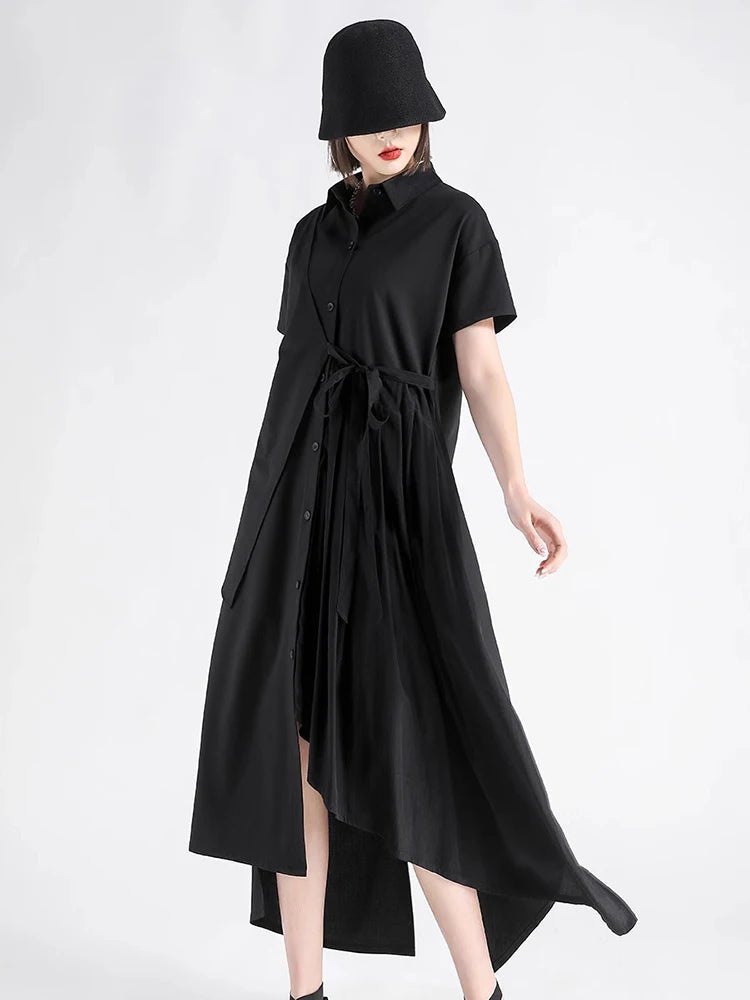 XITAO Asymmetrical Short Sleeve Female Dress Casual Loose Fitting A-line Slimming Turn-down Collar Summer Women Dress GYX1655