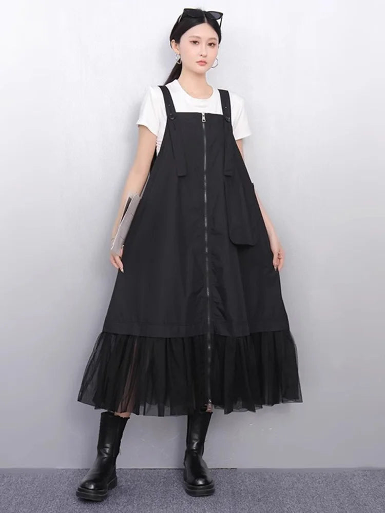 XITAO Zipper Pleated Gauze Dress Pocket Sleeveless Loose Vintage Temperament Patchwork Solid Color Summer Woman Dress ZMY1336