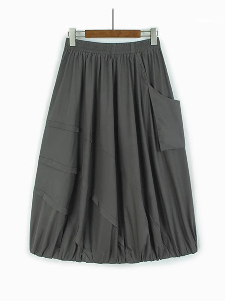 XITAO Casual Big Pocket Folds Skirt Solid Color Simple A-line Patchwork Women Loose All-match Trend Elastic Waist Skirt ZMY1166