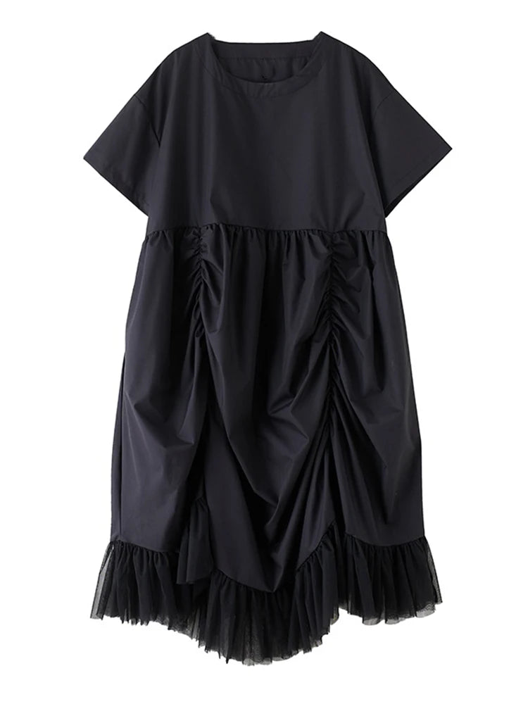 XITAO Loose Folds Female Dress Personality Mesh Irregular Patchwork Women Solid Color Slimming Vintage Pullover Dress ZMY1147