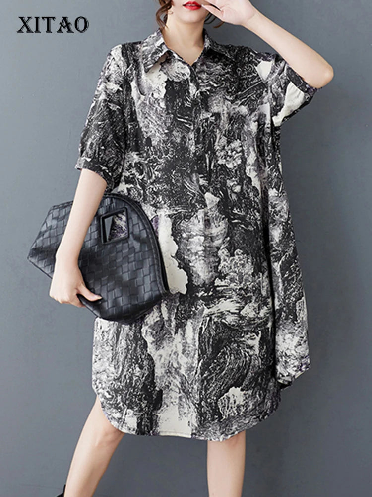 XITAO Loose Print Shirt Dress Vintage Simple Short Sleeve Slimming All-match Women Summer Korea Irregular Dress ZMY1150