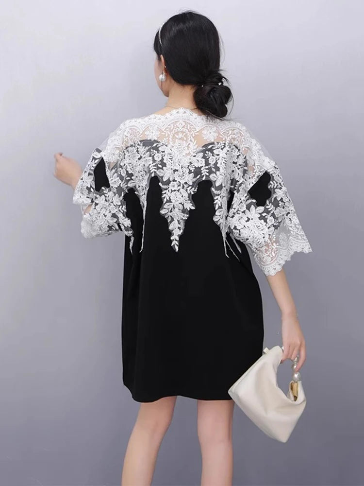XITAO Lace Patchwork Contrast Color Dress O-neck Pullover Short Sleeve Loose Temperament All Match Vintage Casual Dress ZMY1246