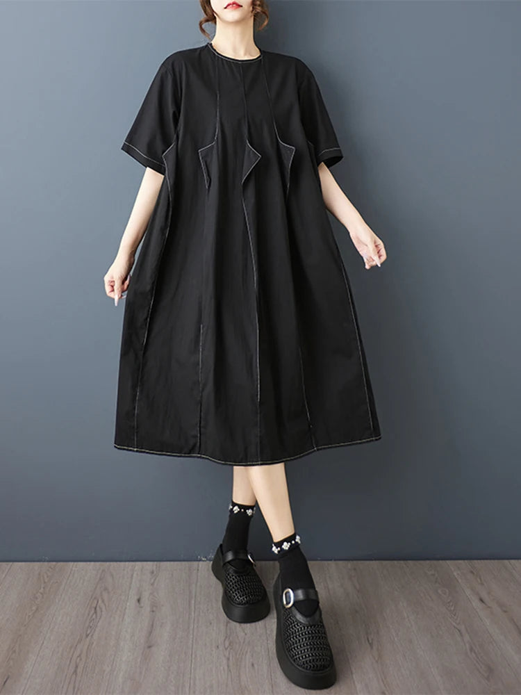 XITAO Asymmetrical Patchwork O-neck Dress Solid Color Short Sleeve Casual Slimming Pullover Simple Summer Woman Dress ZMY1358