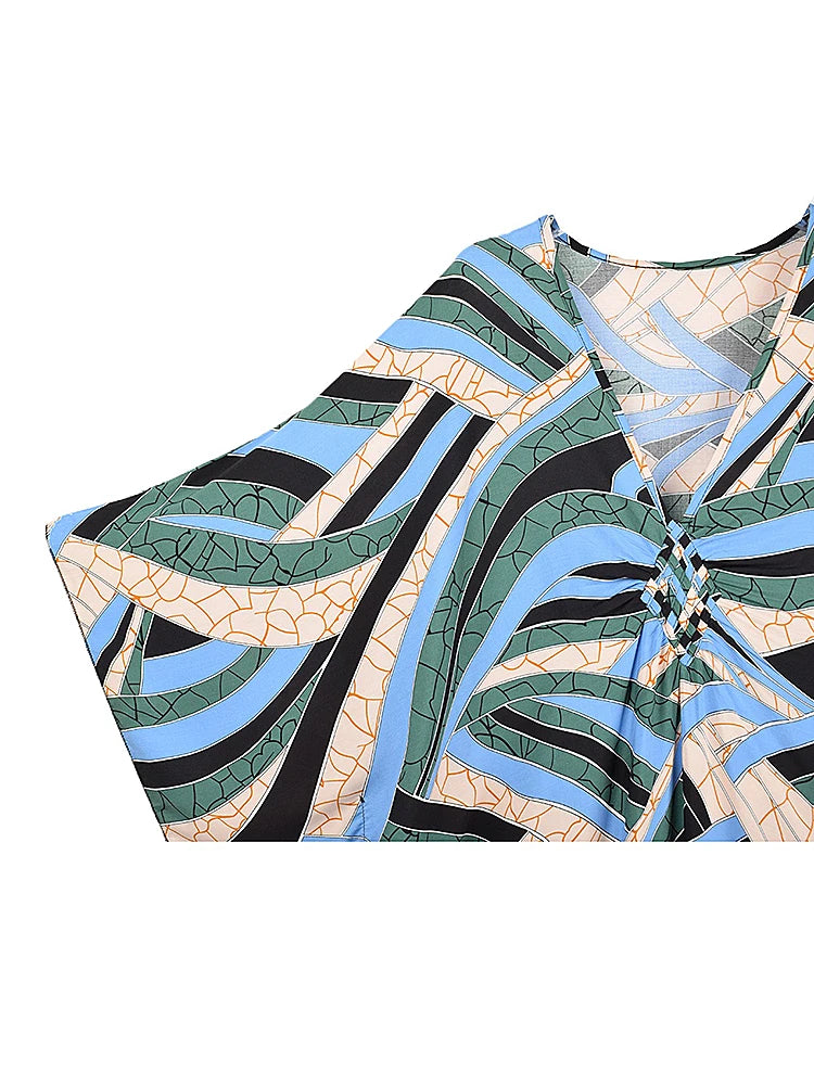 XITAO Beach Asymmetrical Print V-neck Dress Contrast Color Pullover Loose A-line Slimming Summer Woman Ankle-length Dress GJ1173