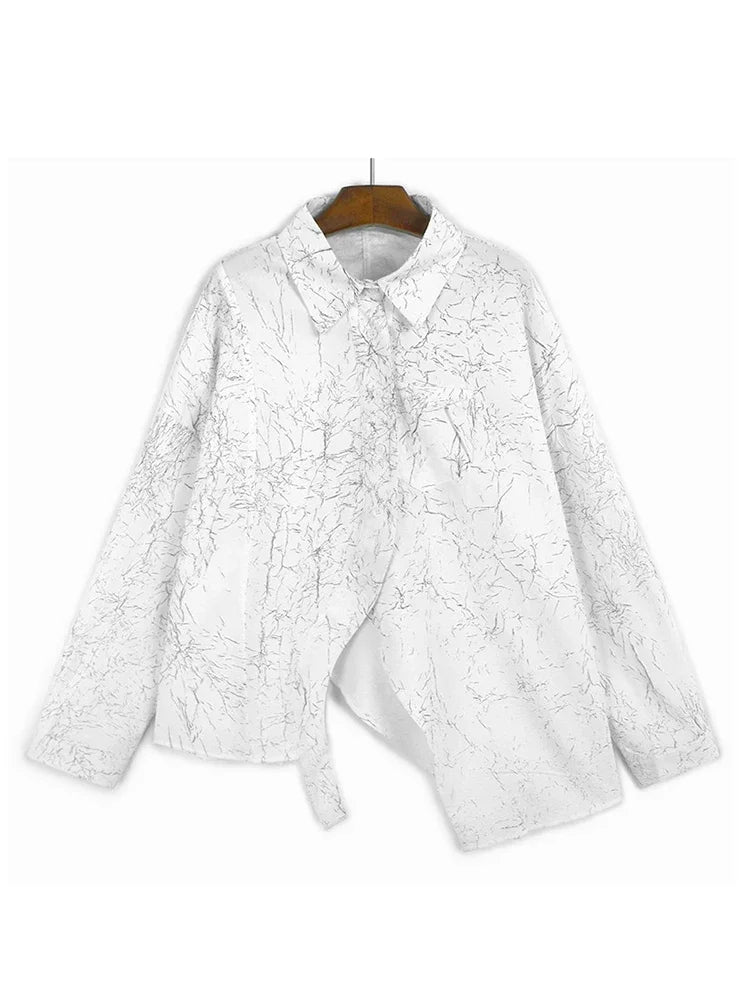 XITAO Asymmetrical Print Patchwork Women Shirt Turn-down Collar Single Breasted Long Sleeve Fashion Loose All Match Top GMM1267