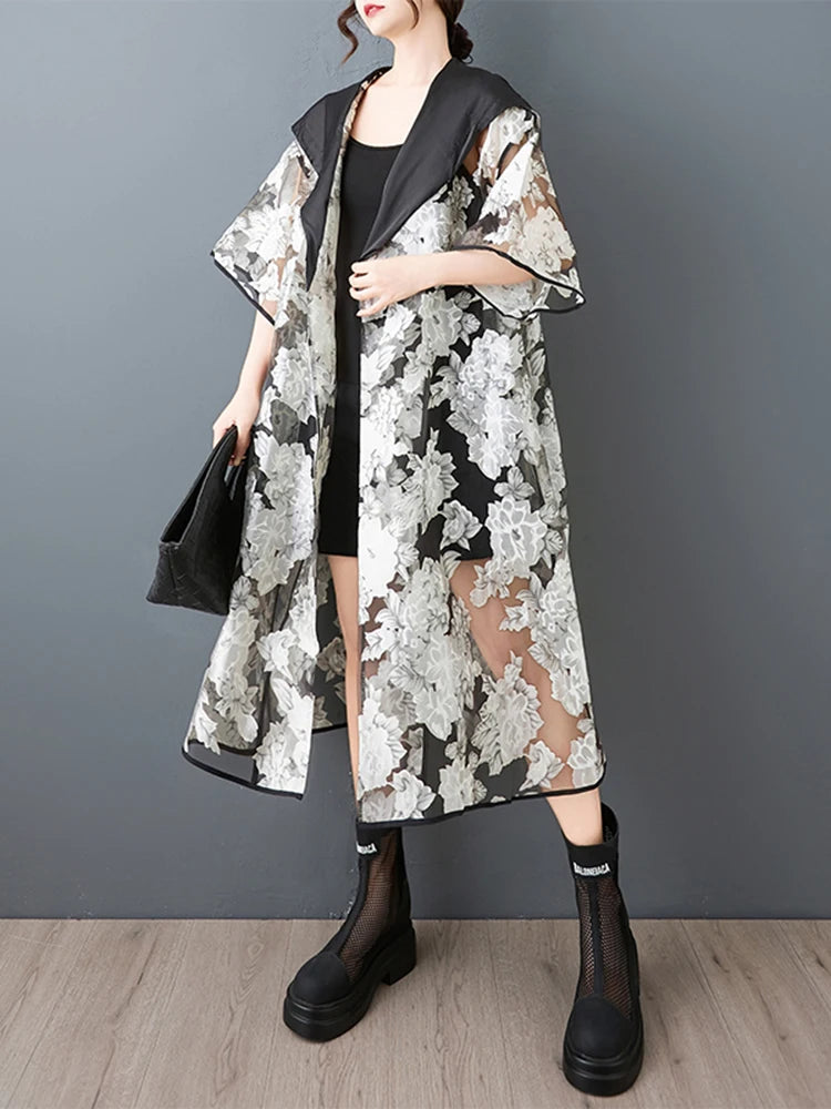 XITAO Print Patchwork Contrast Color Female Trench Hooded All-match Gauze Half Sleeve Summer Woman Cardigans Trench ZMY1257