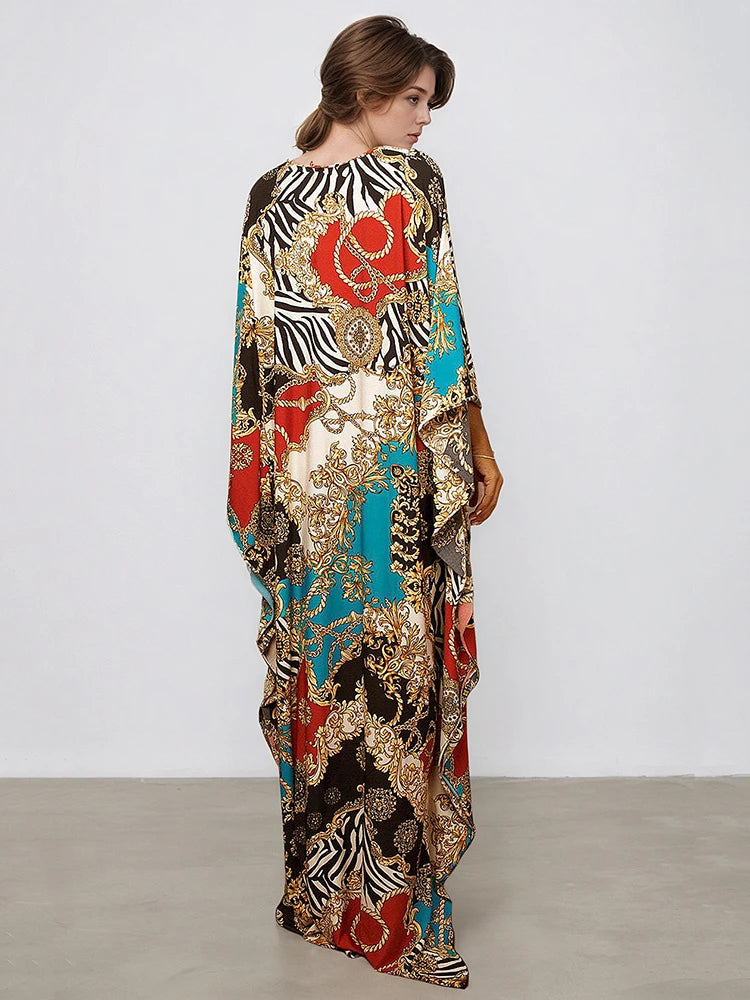 XITAO Bat Wing Sleeve V-neck Loose Dress Side Slit Vintage Print Pullover Temperament Summer Woman Ankle-length Dress GJ1188