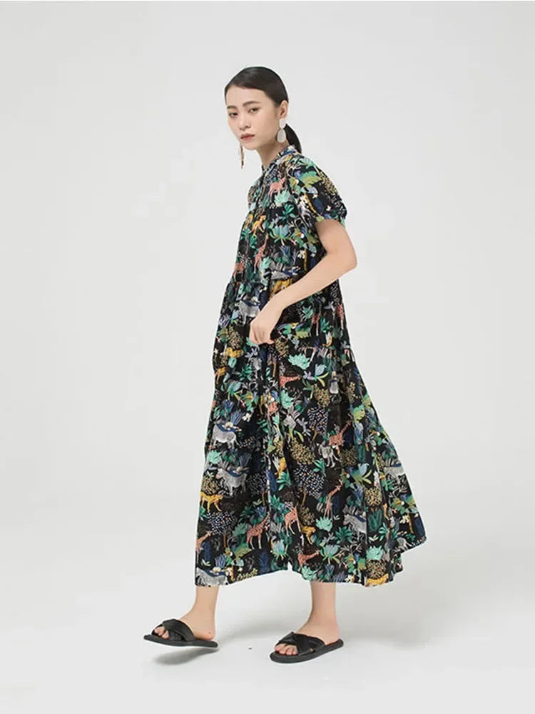 XITAO Cartoon Print Pattern Dress Women Summer Casual Fashion New Style Temperament Stand Collar Short Sleeve Dress ZP1346
