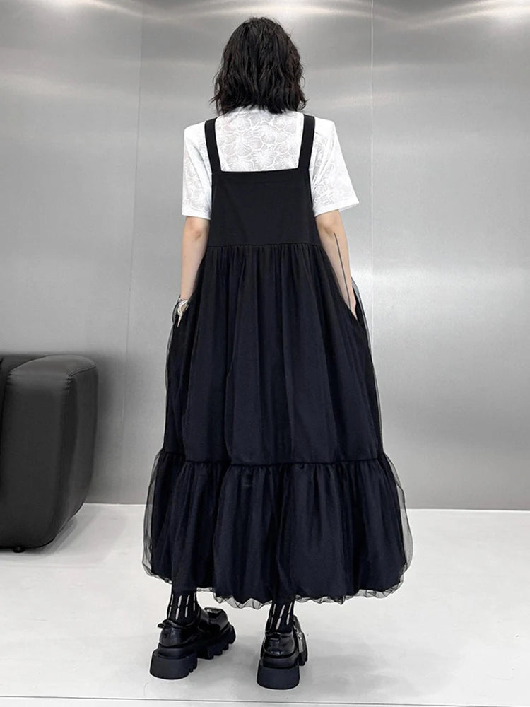 XITAO Gauze Solid Color Straps Dress Patchwork Bandage Loose Casual Slimming Temperament All-match Summer Woman Dress HQQ2494