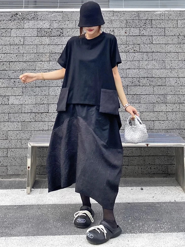 XITAO Pocket O-neck Half Sleeve T-shirt Casual Loose Fitting Leisure Contrast Color Fashion Simple Spring Women T-shirt GYX1568