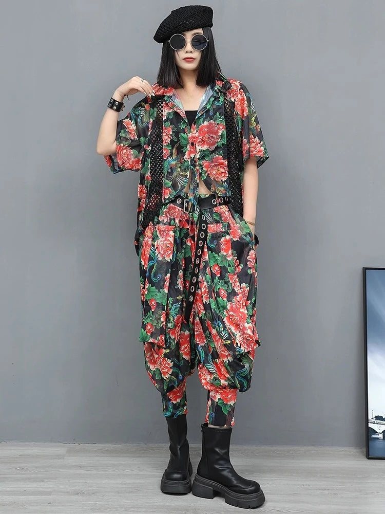 XITAO Hollow Out Asymmetrical Print Sets Turn-down Collar Loose Short Sleeve Personality Elastic Waist Woman Sets GYX1664