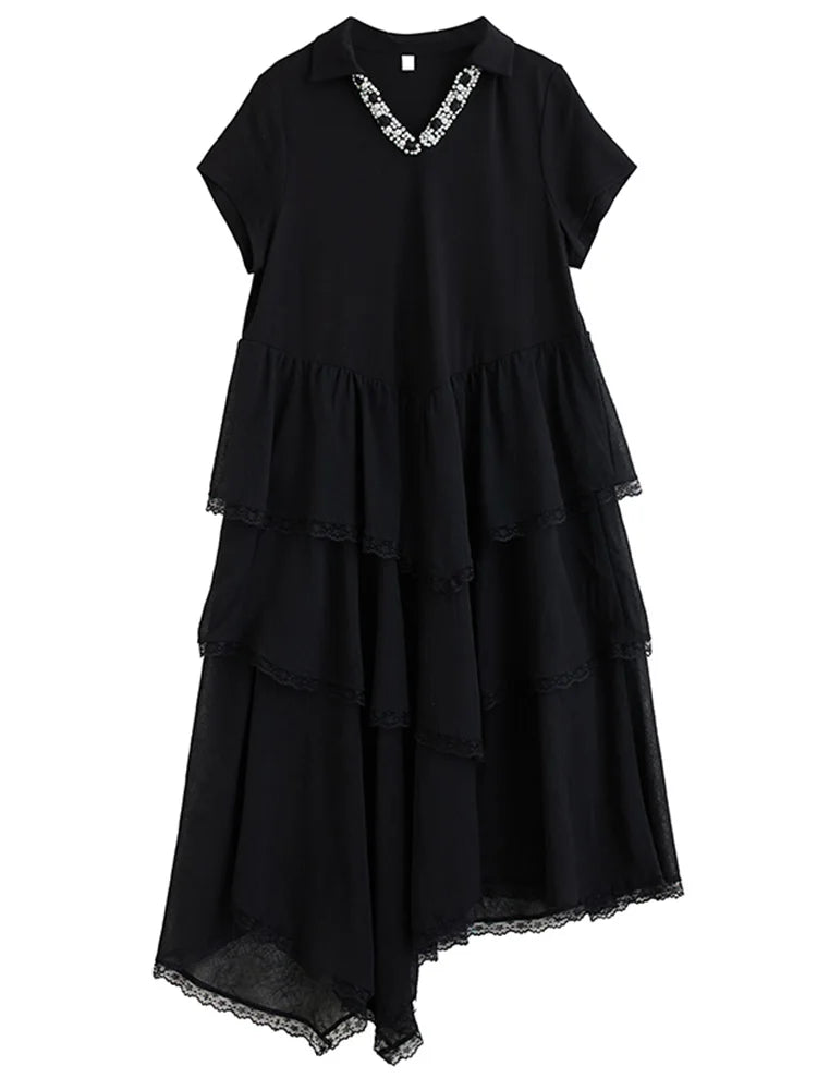 XITAO Asymmetrical Lace Patchwork Dress Embroidered Flares V-neck Short Sleeve Temperament Elegant Summer Woman Dress ZMY1317