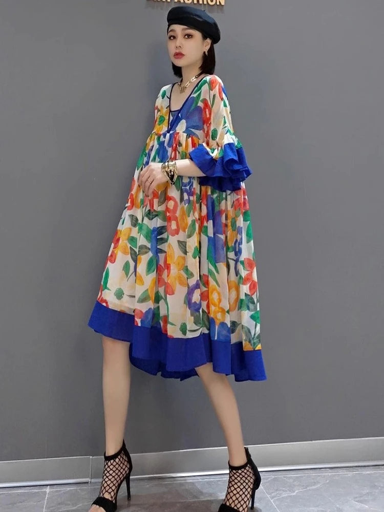 XITAO Pleated Loose Print Dress V-neck Patchwork Ruffles Casual Temperament Trend Personality Summer Woman Dress ZMY1281