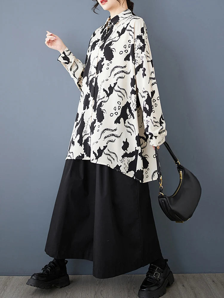 XITAO Print A-line Blouse Casual Loose Fitting Hong Kong Slimming Fashion Full Sleeve Single Breasted Autumn Female Blouse GMM1307