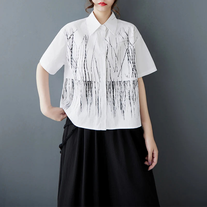 XITAO Single Breasted Print Lapel Shirt Casual Half Sleeve Turn-down Collar Vintage Solid Color Slimming Women Blouse GYX1532