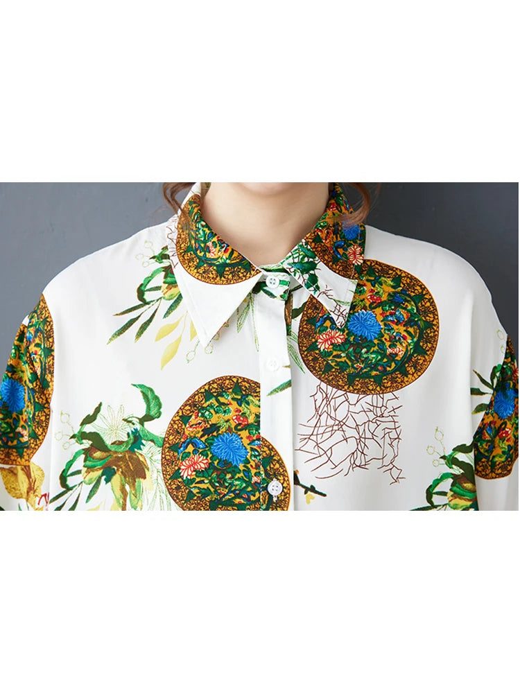XITAO Gauze Patchwork Print Dress Turn-down Collar Loose Short Sleeve Casual Temperament Slimming Summer Woman Dress ZMY1293