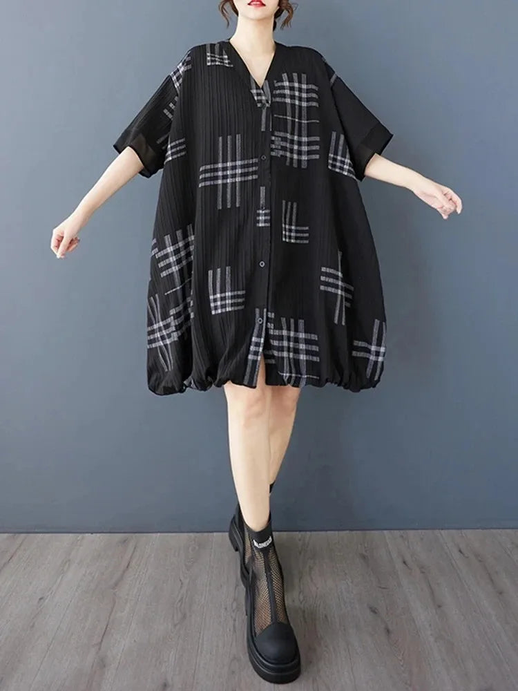 XITAO Striped Print Patchwork Contrast Color Loose Dress V-neck Short Sleeve Loose Vintage Knee-length Shirt Dress ZMY1172