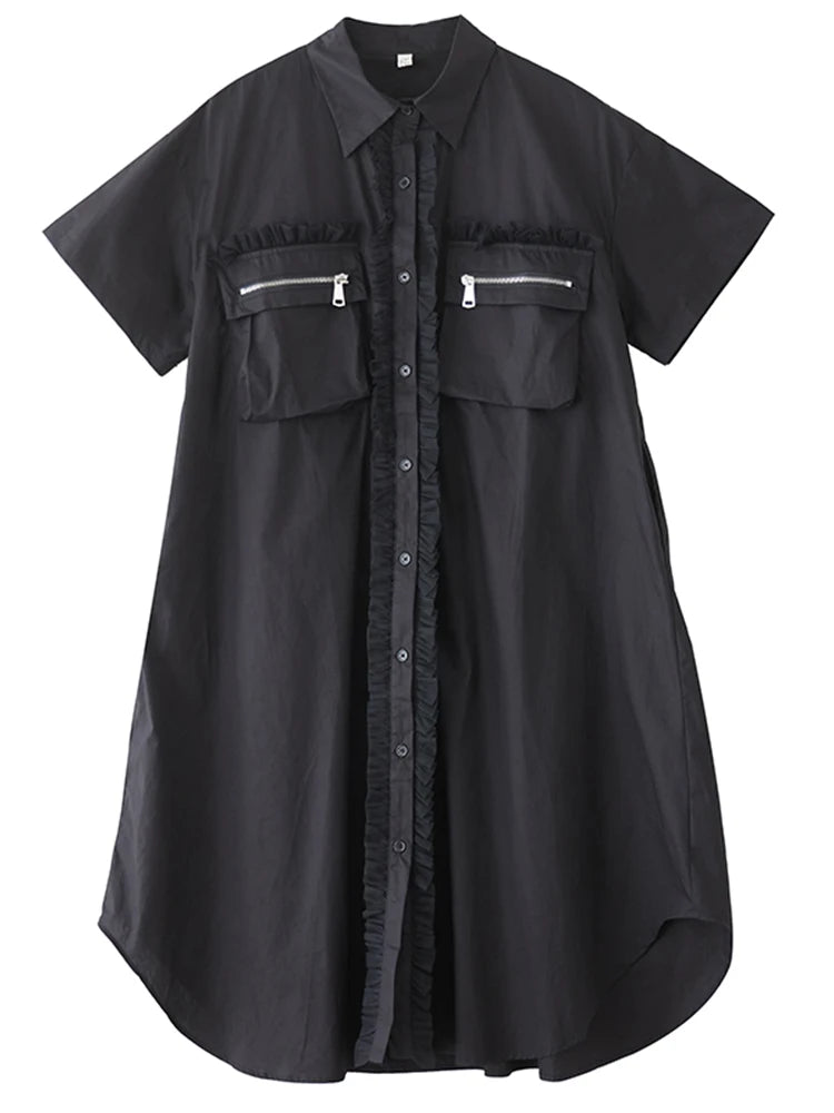 XITAO Zipper Pocket Patchwork Gauze Dress Contrast Color Turn-down Collar Short Sleeve Temperament Female Shirt Dress ZMY1354
