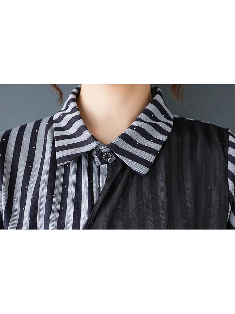 XITAO Striped Sequined Patchwork Female Dress Loose Turn-down Collar Asymmetrical Personality Summer Woman Shirt Dress ZMY1241